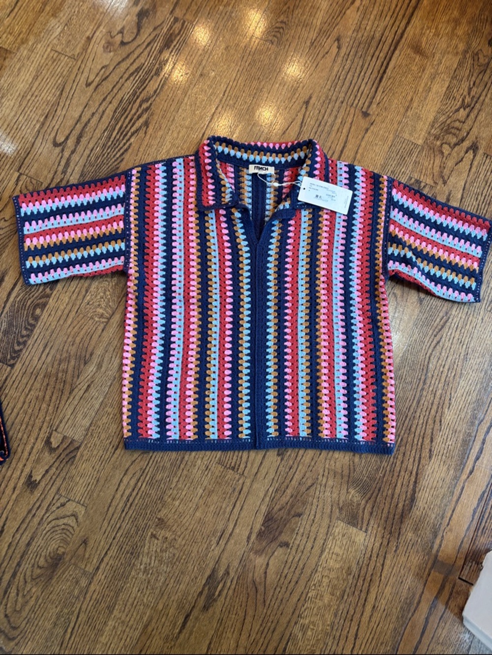 FRNCH Multicolor Crochet Polo Top - Navy, Pink, Orange, Yellow